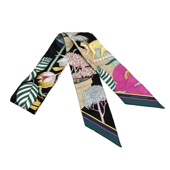 Auth HERMES Twilly - Black Cream Brown Multi Silk Scarf - Picture 1 of 5